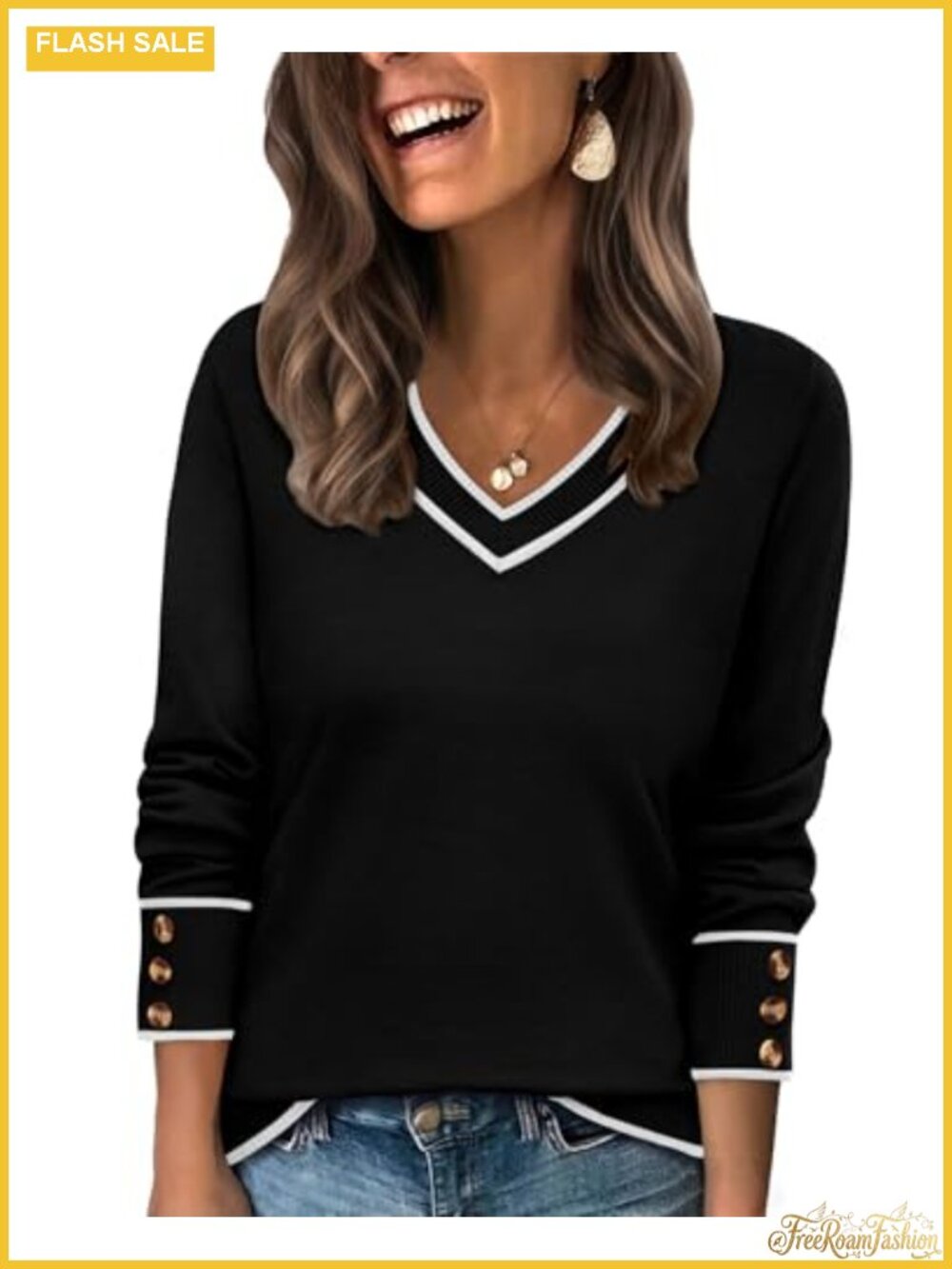 Lightweight V-Neck Knit Pullover Sweater with Decorative Button Cuffs